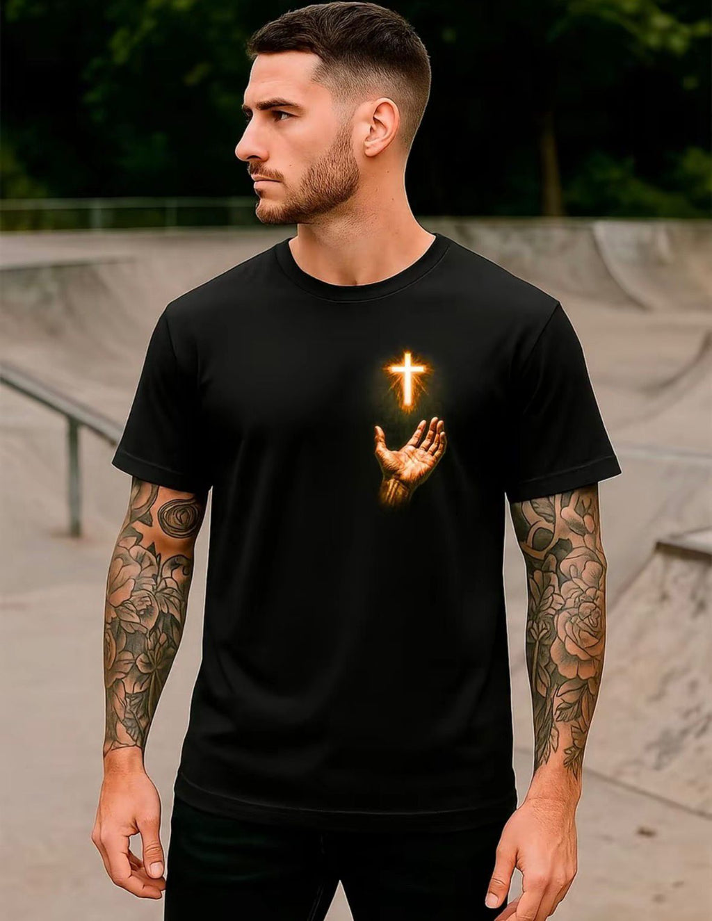 Camiseta Cruz Luminosa ✝️ – Estilo e Fé em Cada Detalhe [Compre 1 Leve 2]