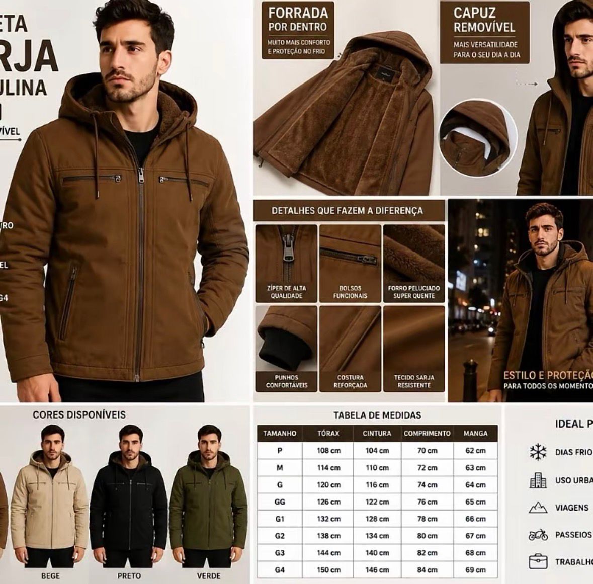 Jaqueta Sarja Forrada Premium com Capuz Removível – Inverno SeuKit