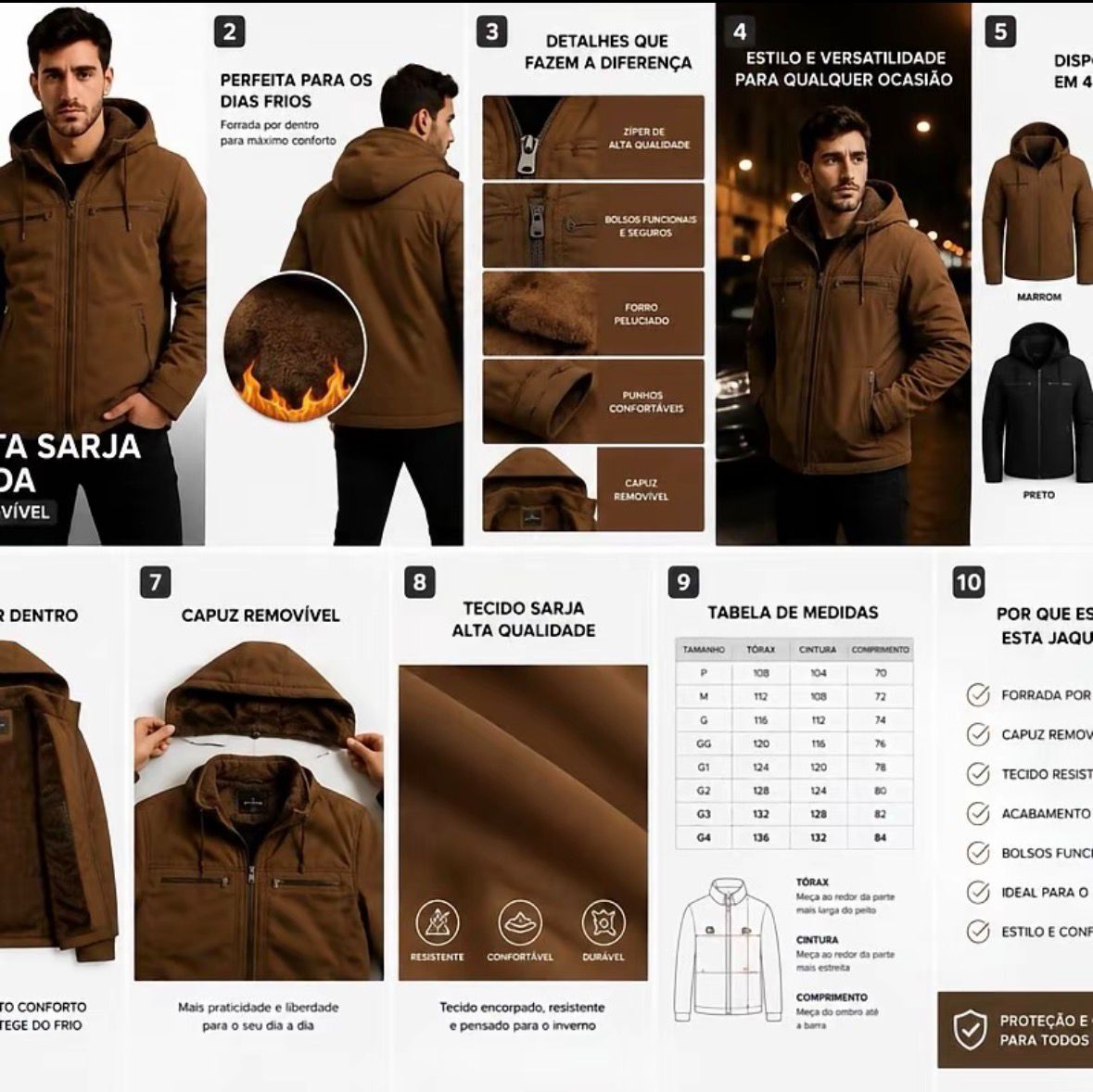 Jaqueta Sarja Forrada Premium com Capuz Removível – Inverno SeuKit