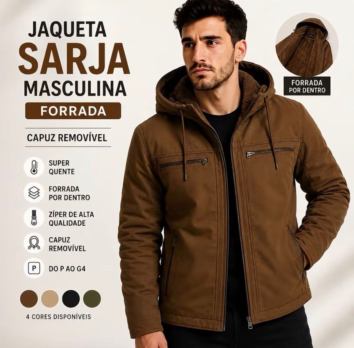 Jaqueta Sarja Forrada Premium com Capuz Removível – Inverno SeuKit
